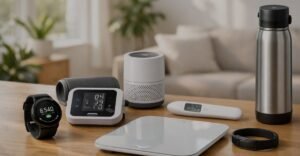 Modern smart health gadgets for home including a fitness tracker, blood pressure monitor, air purifier, smart thermometer, weighing scale, sleep tracker, and smart water bottle arranged in a bright minimalist home.