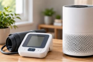 Digital blood pressure monitor and air purifier in a modern home