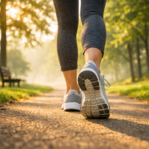 Person walking on a park pathway as part of a daily movement habit (లేదా) Notebook with gratitude note beside a cup of tea, representing a daily gratitude habit