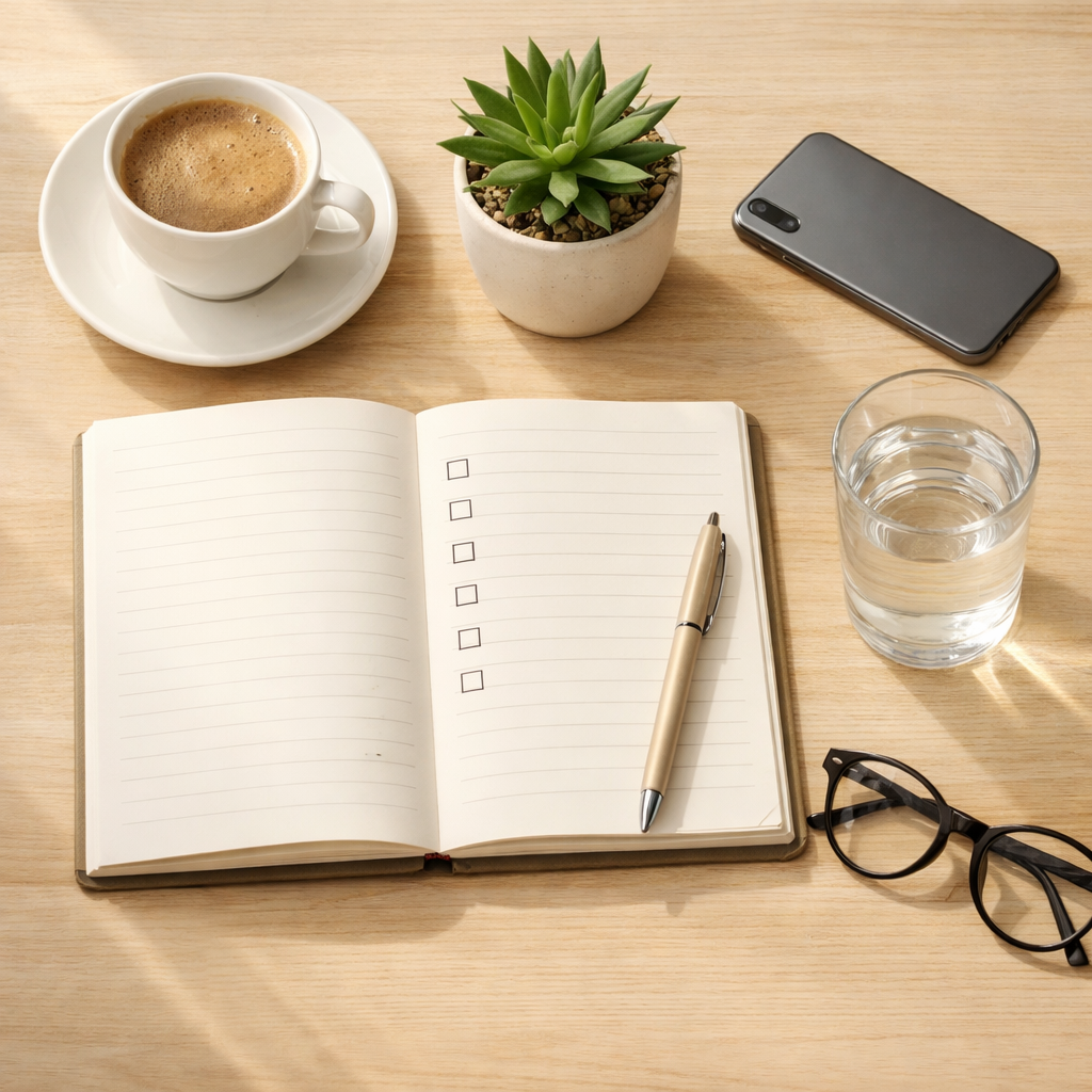 Flat-lay of notebook, coffee, and phone representing small smart living habits