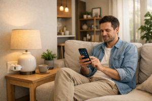 A person using a smartphone to control smart living gadgets including a smart plug in a comfortable living room