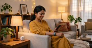 A woman using smart home gadgets including a smartwatch and smart plug in a comfortable living room