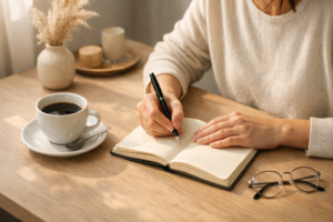 A person building a small morning habit by journaling at a desk