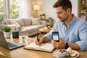 Person planning the day in an organized home workspace demonstrating practical smart living habits.