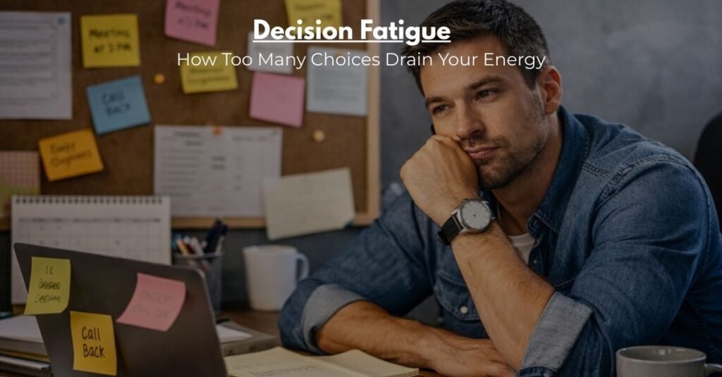 Man experiencing decision fatigue while working with multiple sticky notes and tasks on desk