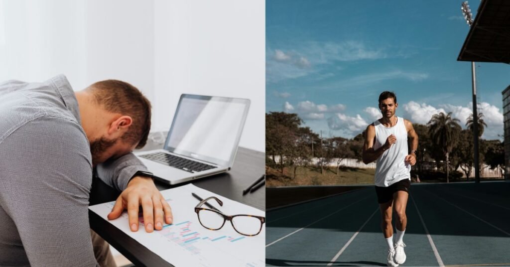 Metabolic syndrome explained showing tired office worker versus active healthy lifestyle