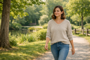 A person walking outdoors after a meal to support metabolic health naturally
