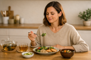 A person eating slowly at a dining table with herbal tea to support natural digestion and reduce bloating