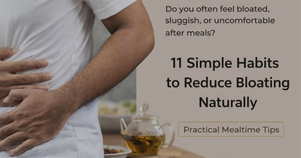 Man holding his stomach after a meal with herbal tea in the background, representing simple habits to reduce bloating naturally.