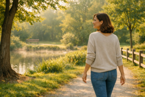 A person taking a peaceful walk outdoors as a natural way to recover when the body needs a break