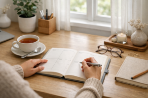 A person planning their weekly routine at a clean desk with a planner and cup of tea