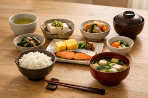  A traditional Japanese meal with green tea miso soup tofu and seasonal vegetables
