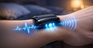 Smart wrist sleep tracker with heart rate sensor and signal waves showing how sleep monitoring works at night