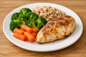 A balanced meal with protein vegetables and whole grains to support post-meal satisfaction and steady energy