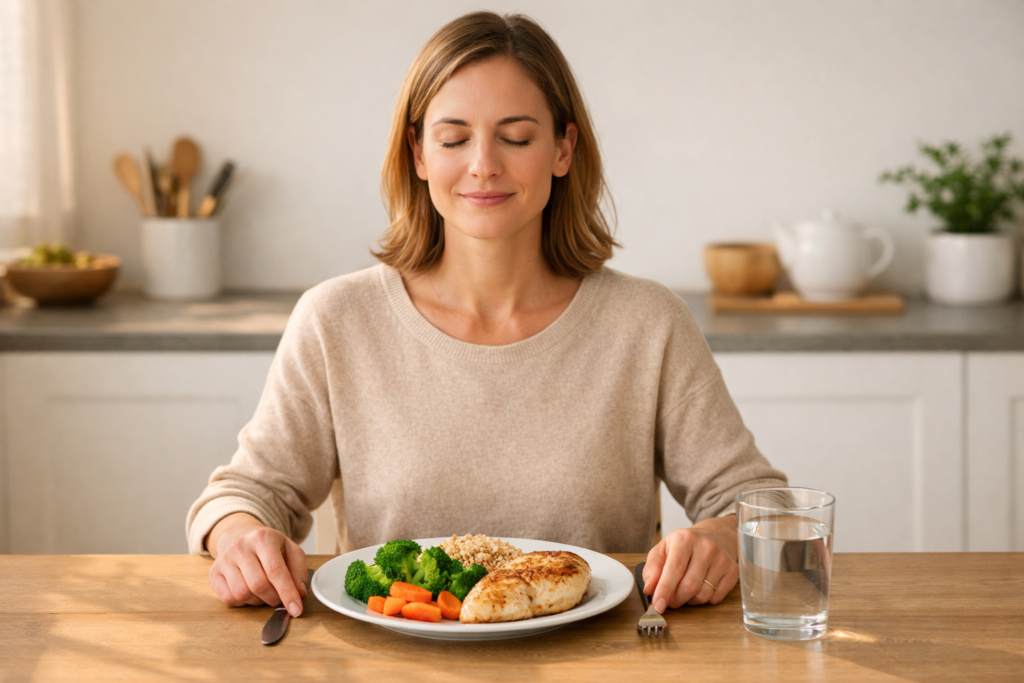 Person wondering why do I feel full but never satisfied after eating a balanced meal